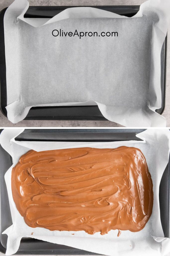 Baking tray lined with parchment and smooth melted chocolate for holiday bark.