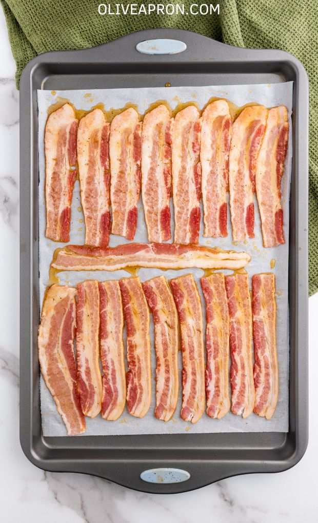 Candied bacon on baking sheet.