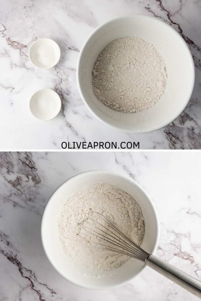 Mixing flour, baking soda, and salt in a white bowl for Christmas M&M cookie dough.