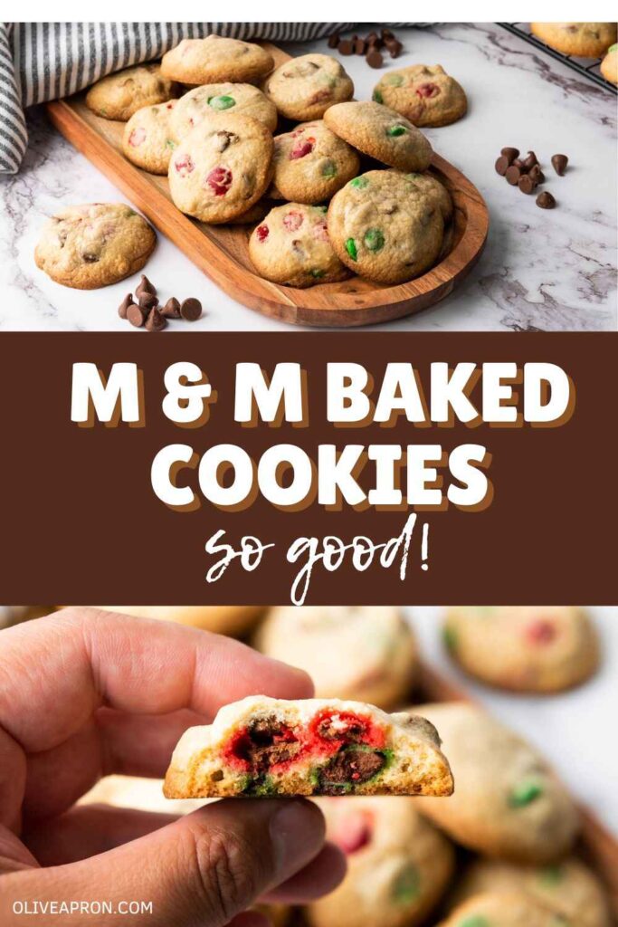 MM Baked Cookies in a tray and a close up of a M & M baked cookie.