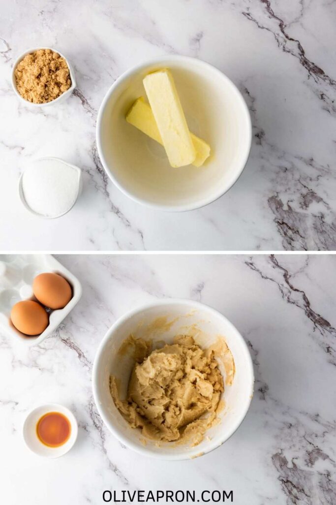 Cream the butter and sugars, then mix in the eggs and vanilla before combining with the dry ingredients to form the cookie dough base.
