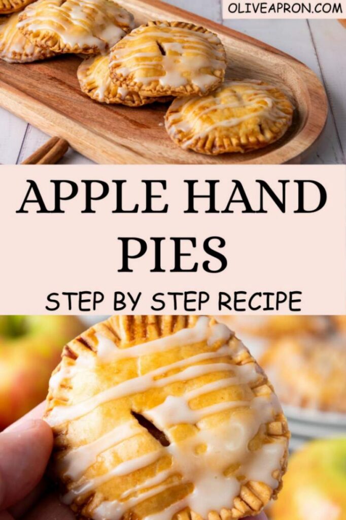 Apple hand pies on a wooden tray and one handheld mini apple pie.