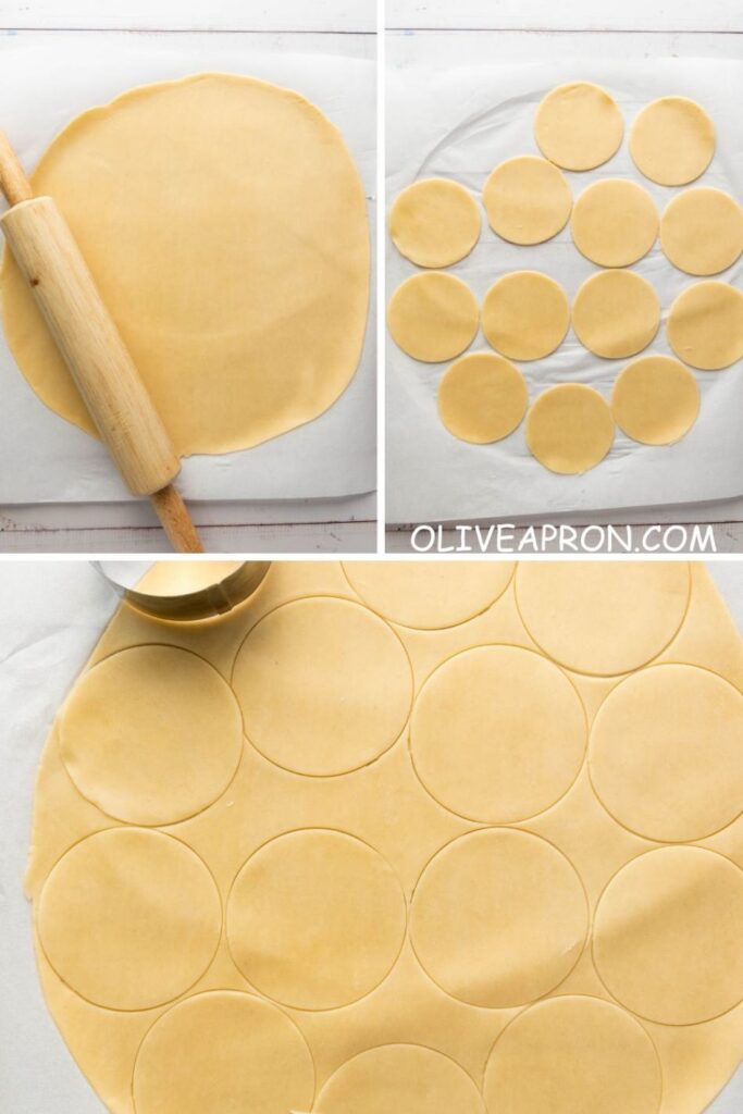 Pie crust rolled and cut into circles for mini apple tarts – step-by-step fall baking recipe for handheld apple desserts.