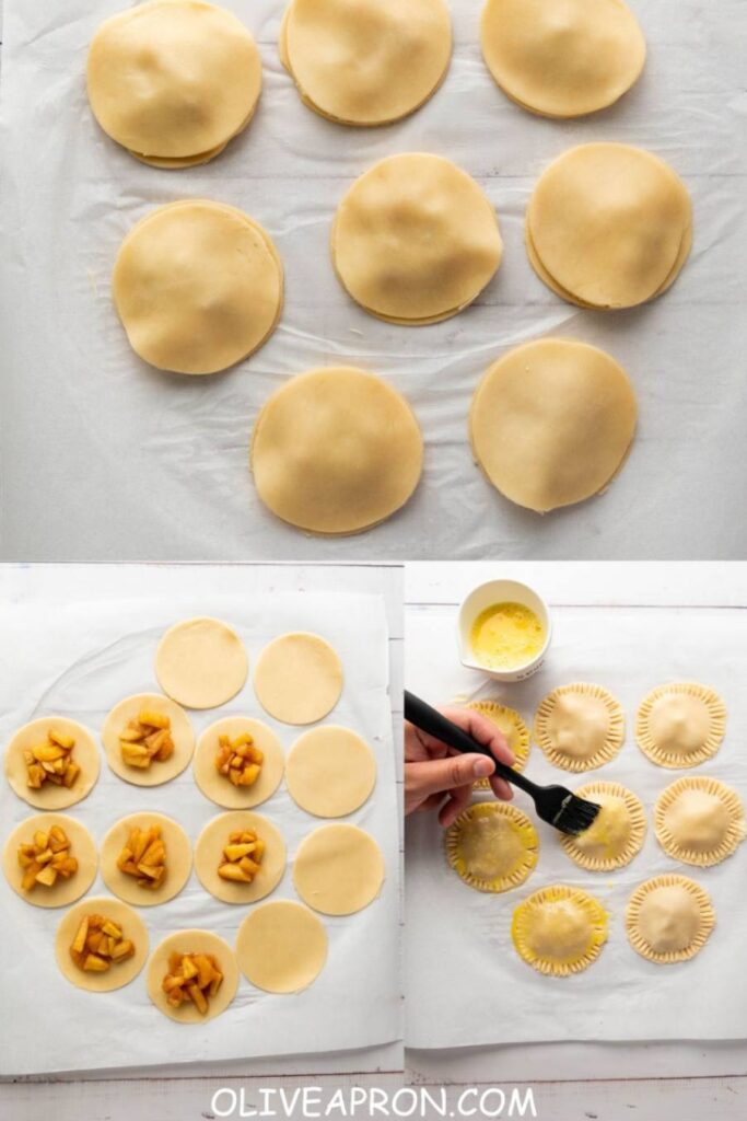 How to make mini apple pies – filling pie crust circles with apples and brushing with egg wash for small handheld apple desserts.