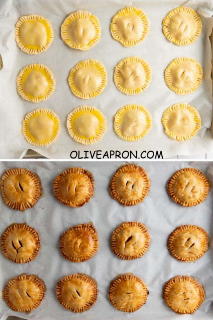 Mini apple hand pies before and after baking, golden brown small apple pies perfect for handheld fall desserts and easy homemade mini treats.