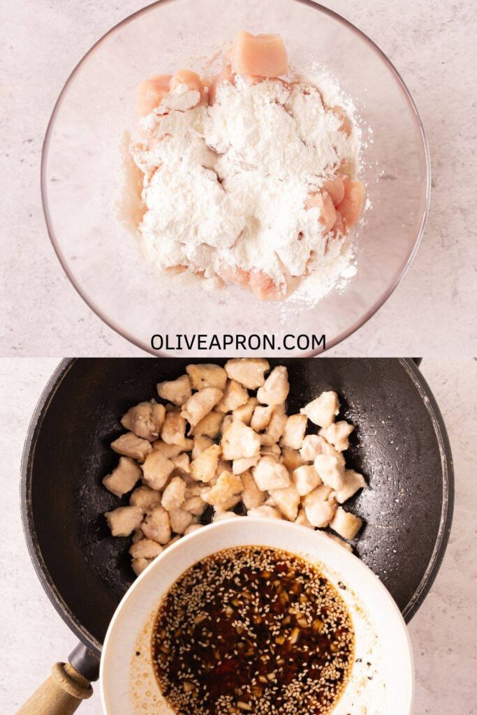 Cubed chicken tossed in flour frying in a pan, with a bowl of honey garlic sauce ready to be added.