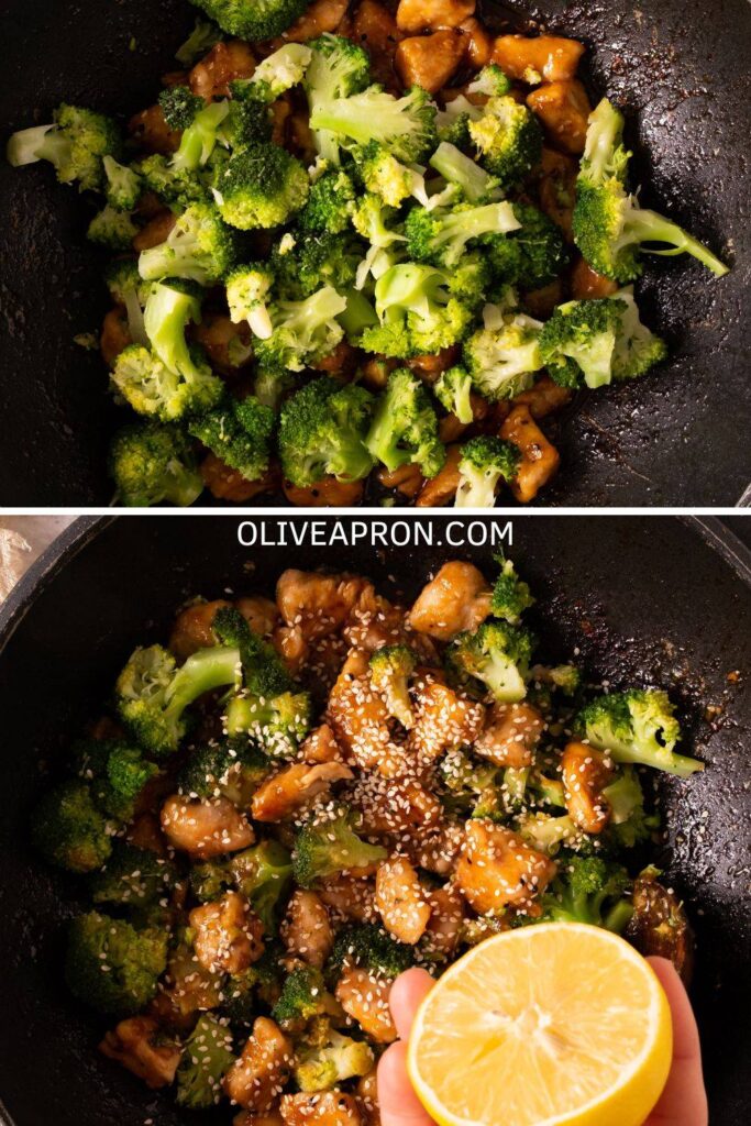 Chicken stir fry with broccoli in a skillet, finished with sesame seeds and fresh lemon juice.