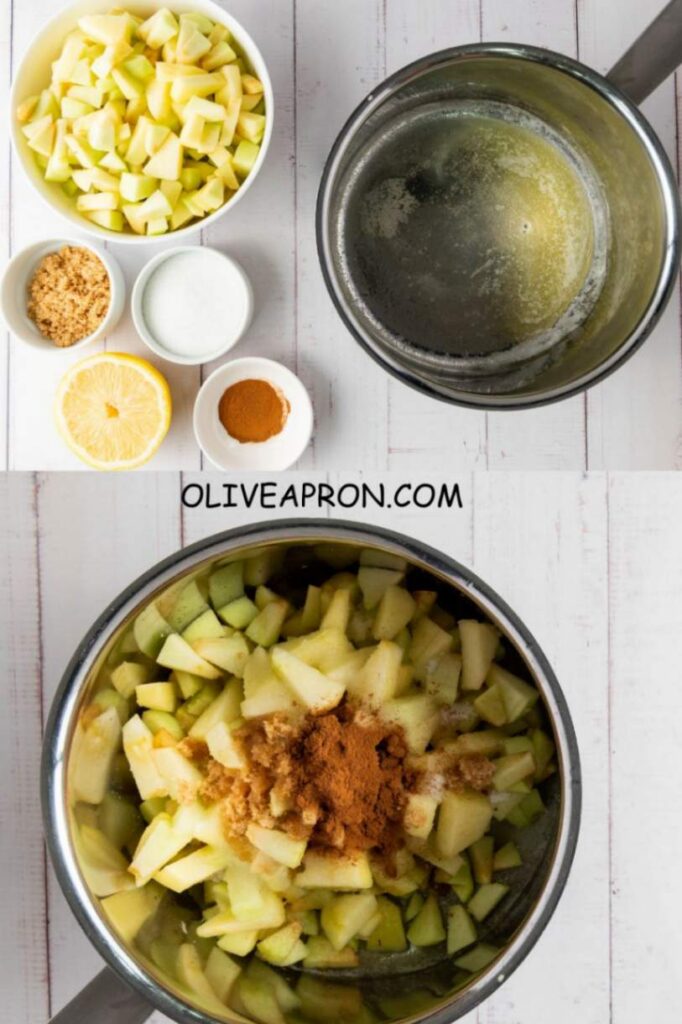 How to make apple hand pies filling with diced apples, cinnamon, sugar, lemon, and butter in a pot for mini apple pies and handheld fall desserts.