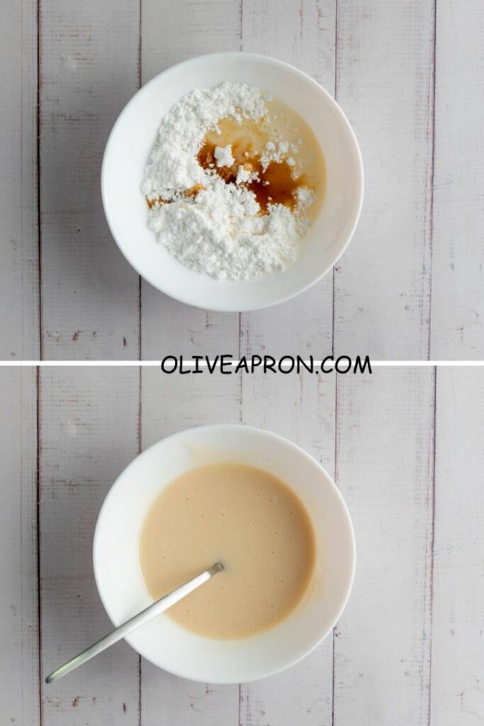 Two bowls, one with powdered sugar and vanilla, the other with smooth glaze mixture.