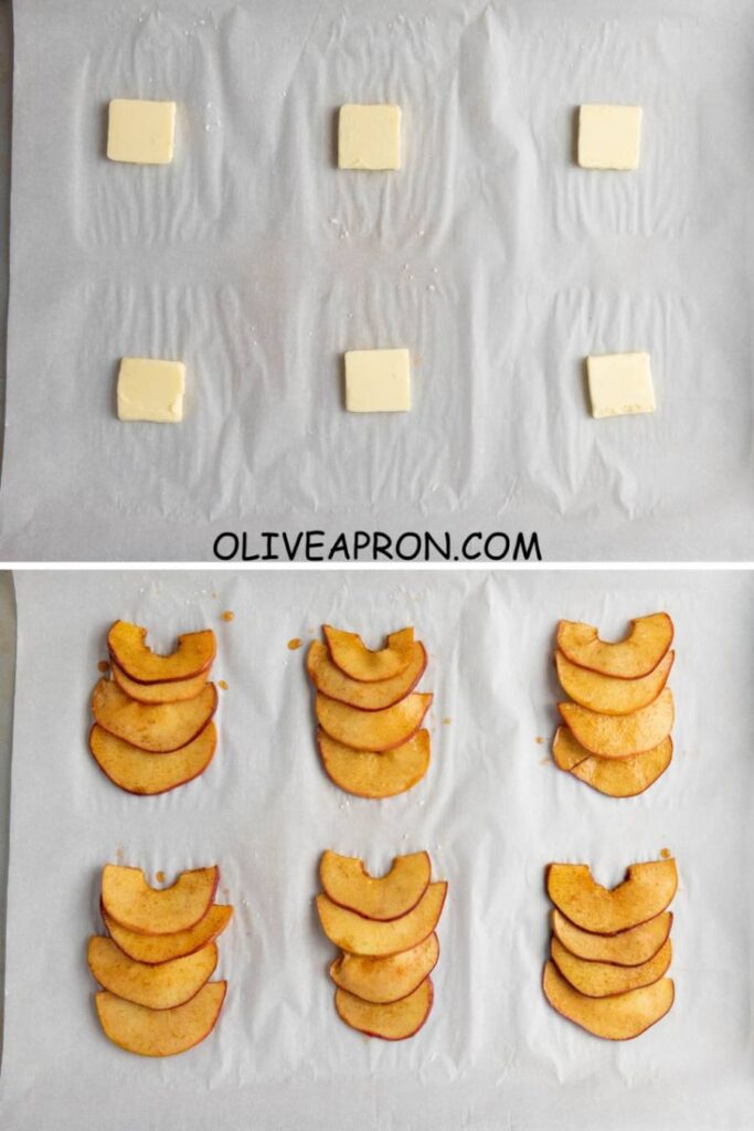 Butter squares topped with cinnamon apples ready to be baked into puff pastry apple tarts.