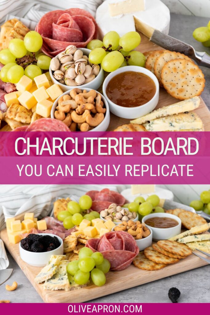 Easy Charcuterie board inspiration with cheese, fruits, nuts, crackers and jams.