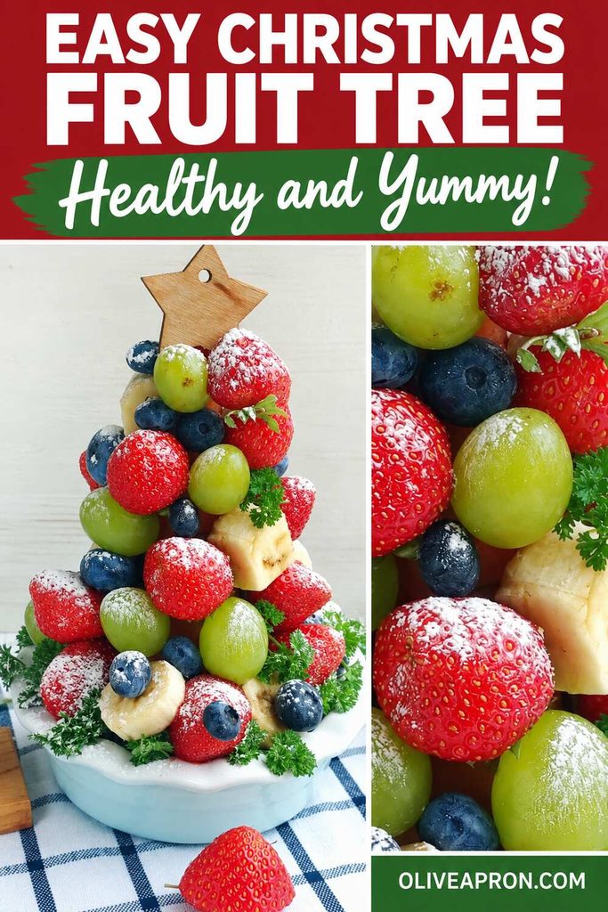Festive and colorful fruit Christmas tree decoration made with strawberries, grapes, blueberries, and banana.