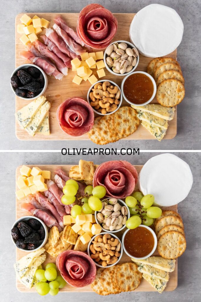 Party charcuterie board filled with prosciutto, cheese cubes, crackers, pistachios, and fig jam.