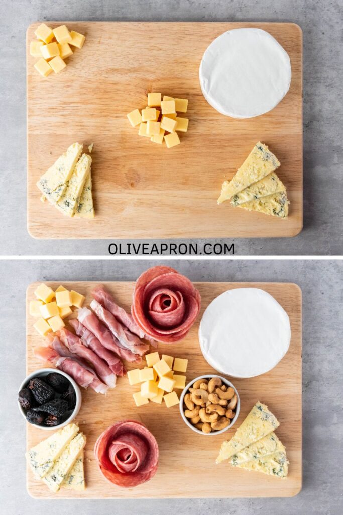 Making a charcuterie board with cheeses, cured meats, grapes, crackers, nuts, and fig jam.