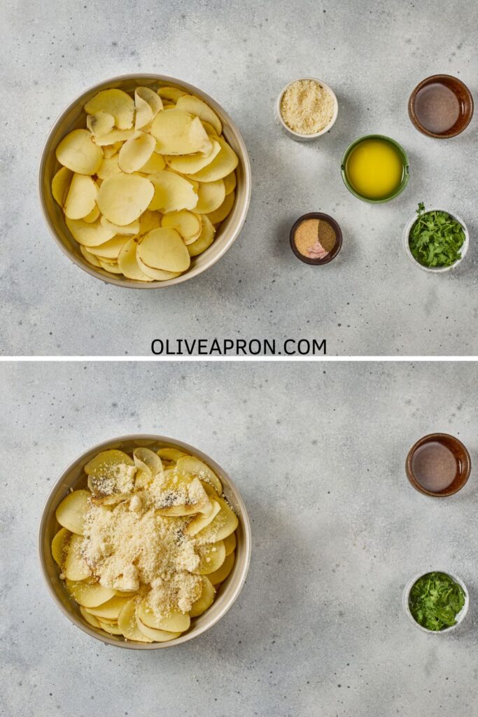 Sliced potatoes in a bowl with parmesan, olive oil, and herbs for parmesan garlic potato stacks recipe.