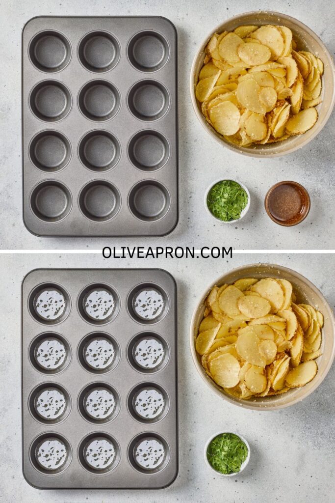 Seasoned potato slices beside a greased muffin pan ready to make crispy potato stacks.