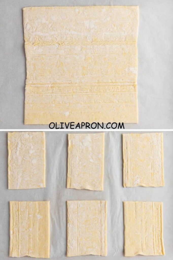 Flaky puff pastry cut into rectangles for making easy upside-down apple tarts.