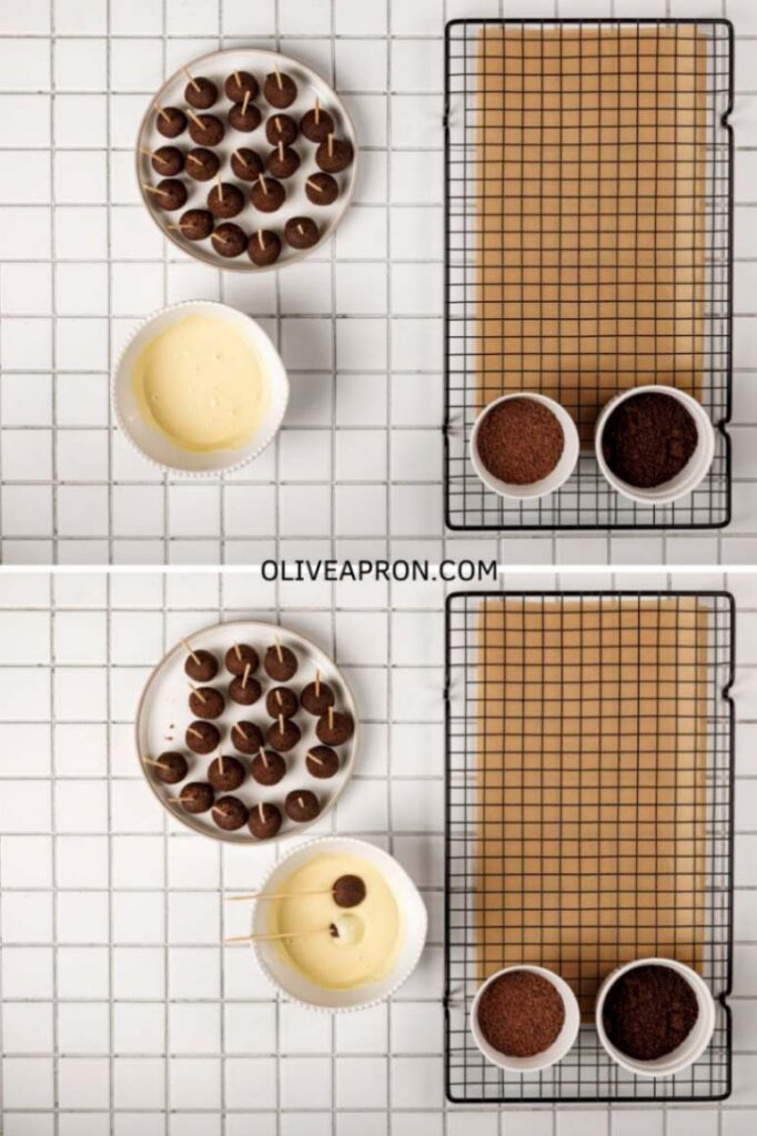 Oreo cake pop mixture rolled into balls on toothpicks with bowls of melted white chocolate and coatings on a wire rack.