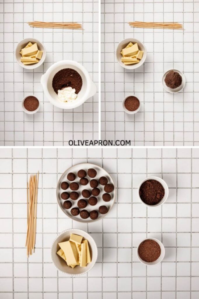 Oreo cake pop mixture being combined, shaped into small chocolate balls, and arranged with melted white chocolate and sprinkles on a tiled surface.