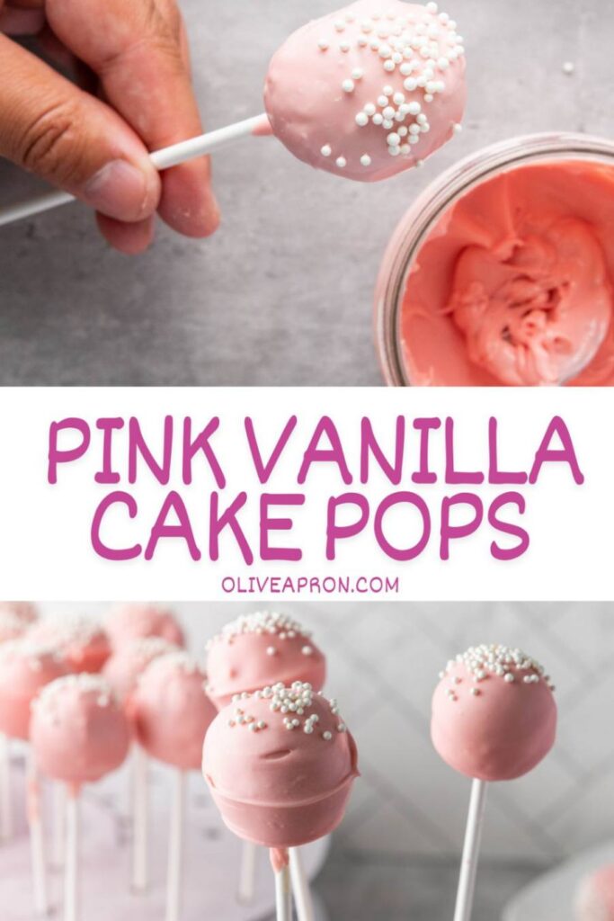 Close-up of pastel pink vanilla cake pops coated in candy melts and decorated with white sprinkles, arranged on white sticks with a soft grey background and the text Pink Vanilla Cake Pops across the center.