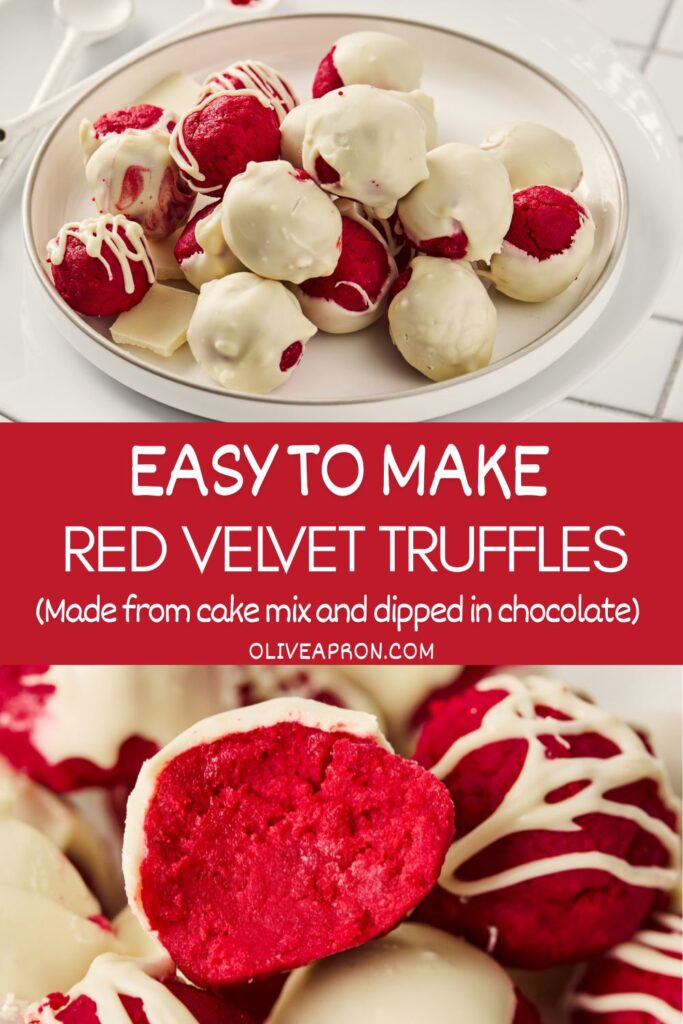 Plate of red velvet truffles dipped in white chocolate with drizzled tops.