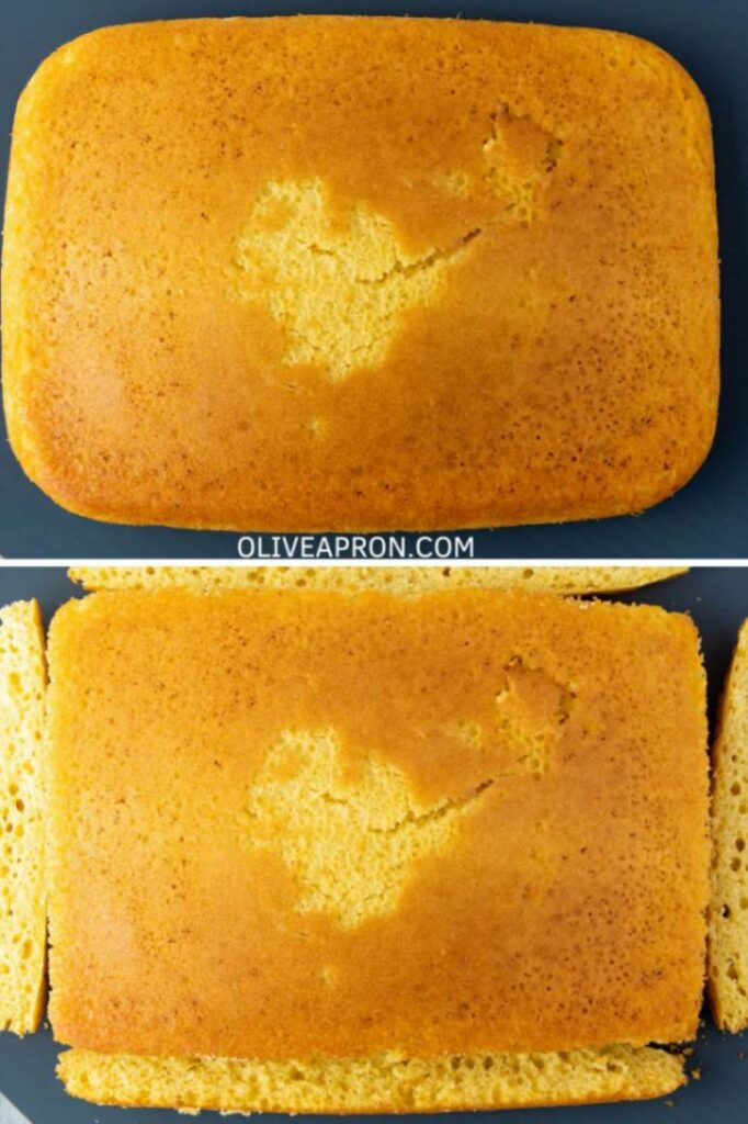 Yellow sheet cake baked and sliced on a tray ready to be crumbled to make homemade cake pops.