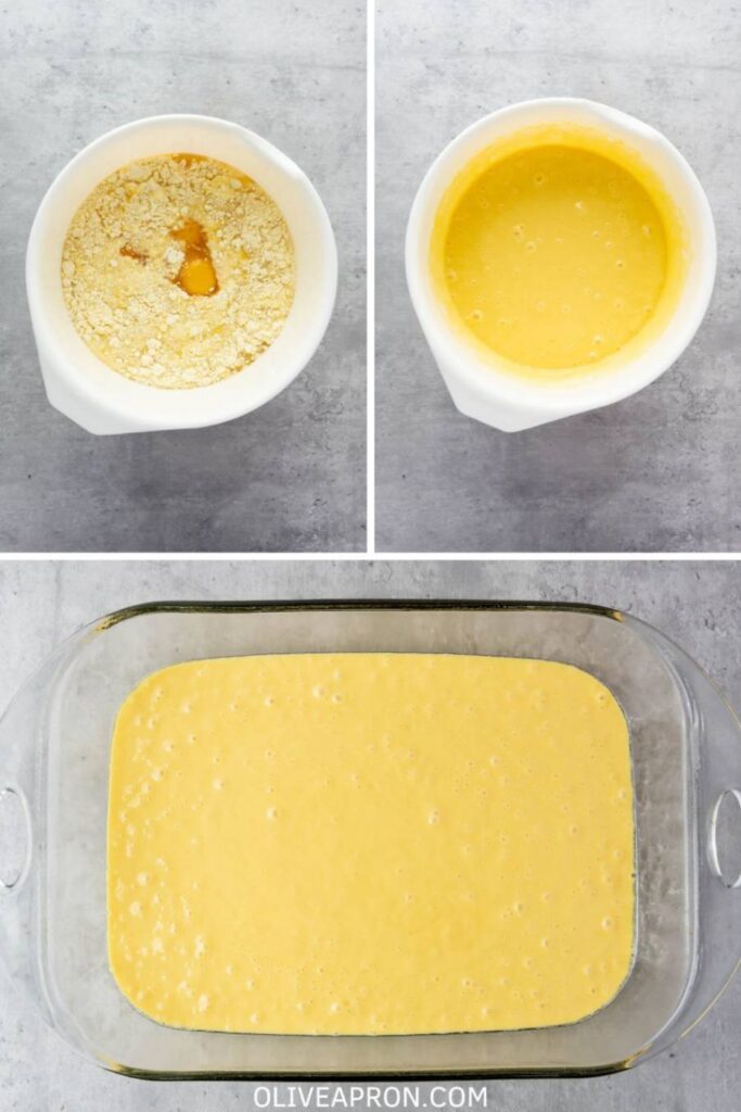 Yellow cake batter being mixed and poured into a glass baking dish for homemade cake pops