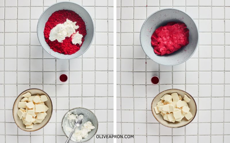 Red velvet cake crumbs mixed with cream cheese frosting to make a dough.
