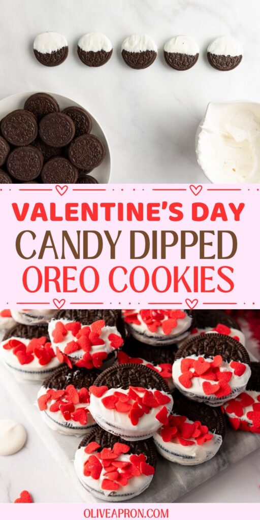 Valentine Oreos covered with white candy melts and decorated with red heart sprinkles.