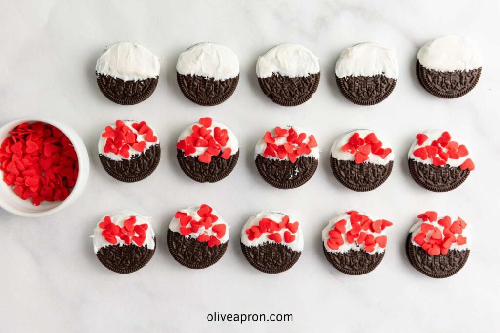 Valentine oreos with heart sprinkles