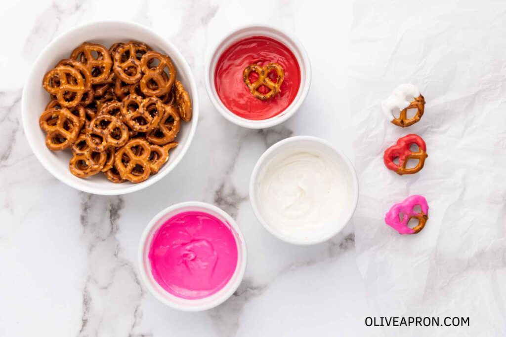 Valentine pretzels red, pink and white dipping candy.