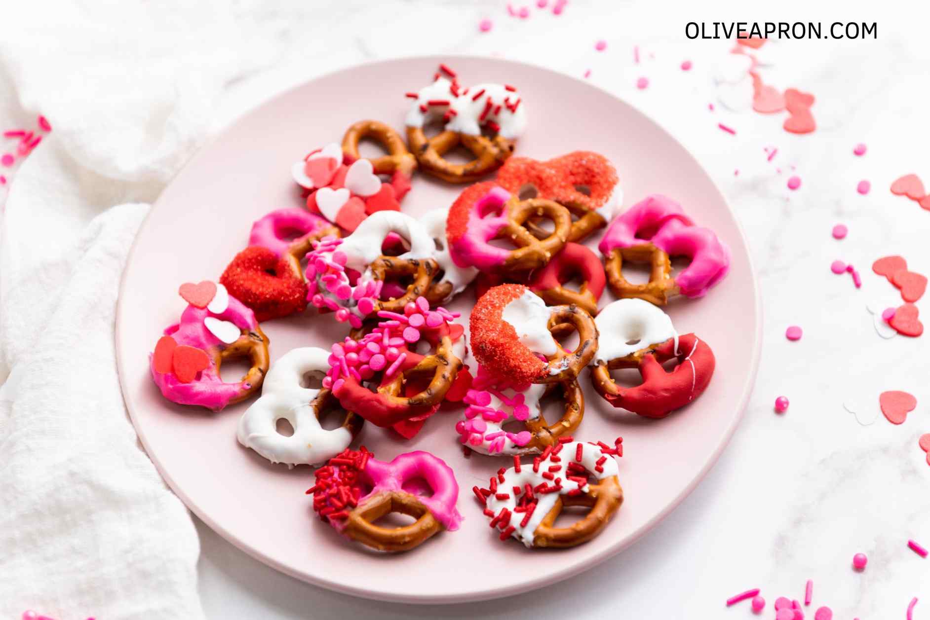 Valentine pretzels on pink plate