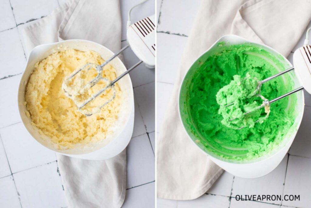 Buttercream frosting being whipped in a mixing bowl, shown plain and then colored bright green for St Patricks Day cupcakes.