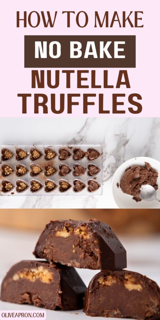 How to make no bake Nutella truffles with roasted hazelnuts. Mold with Nutella hearts and truffles close up.