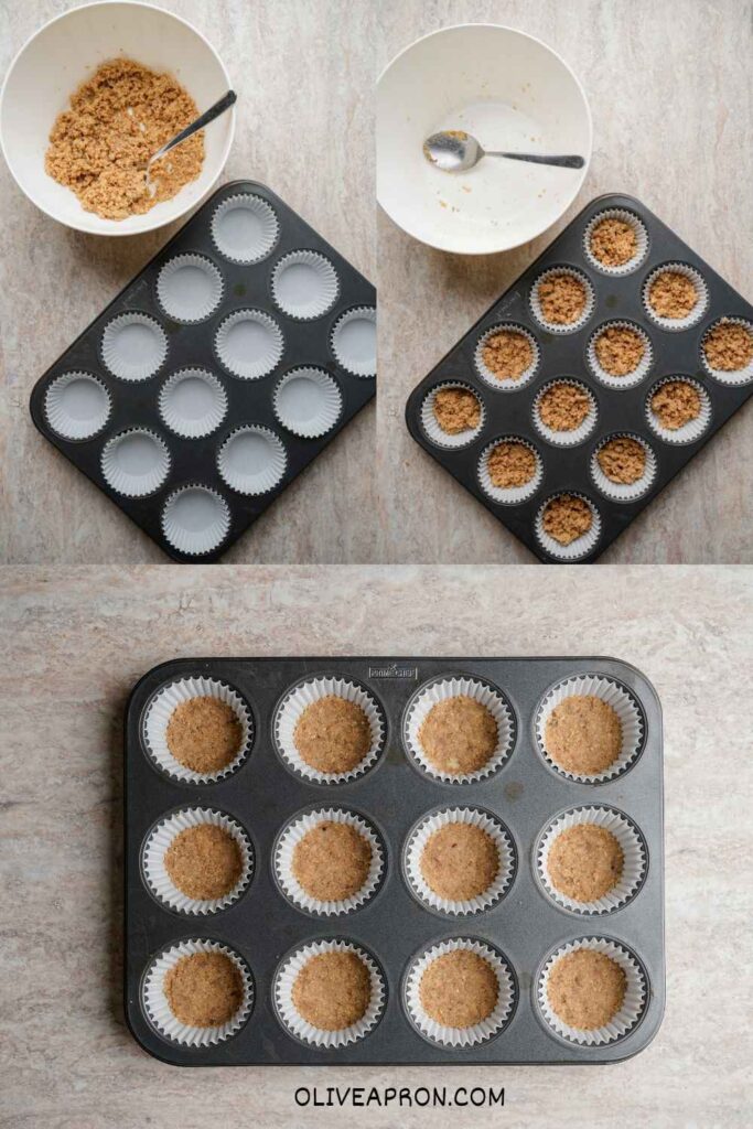 Mini cheesecake crust in muffin tin.