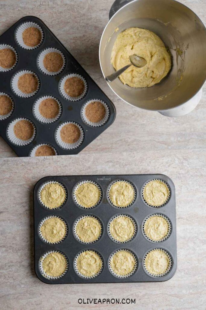 Mini pistachio cheesecake filling added to crust and placed in muffin tins.