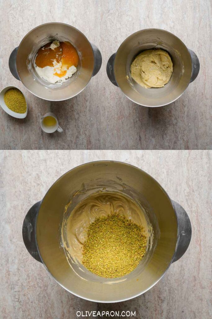 Mini pistachio cheesecake filling mixed in container.