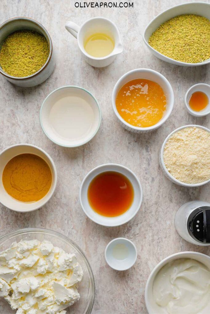 Mini pistachio cheesecake ingredients.