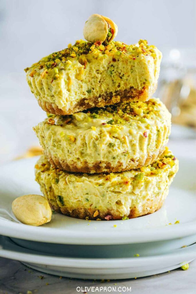Mini pistachio greek yogurt cheesecakes finished