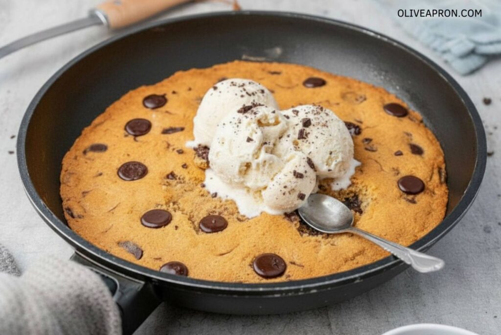 Cast Iron Skillet Chocolate Chip Cookie with scoops of vanilla ice cream.