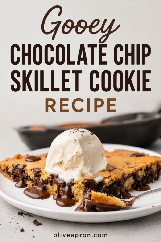 Chocolate Chip Skillet Cookie topped with vanilla ice cream.