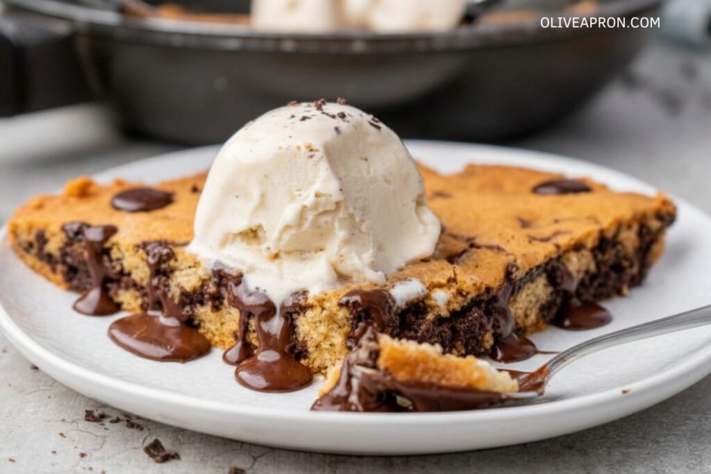 Chocolate Chip Skillet with Ice Cream on top and a spoon.