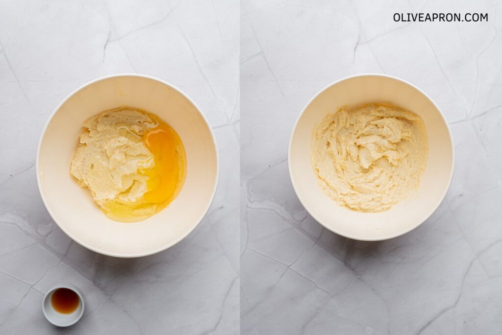 Adding vanilla and egg to the butter and sugar mixture.