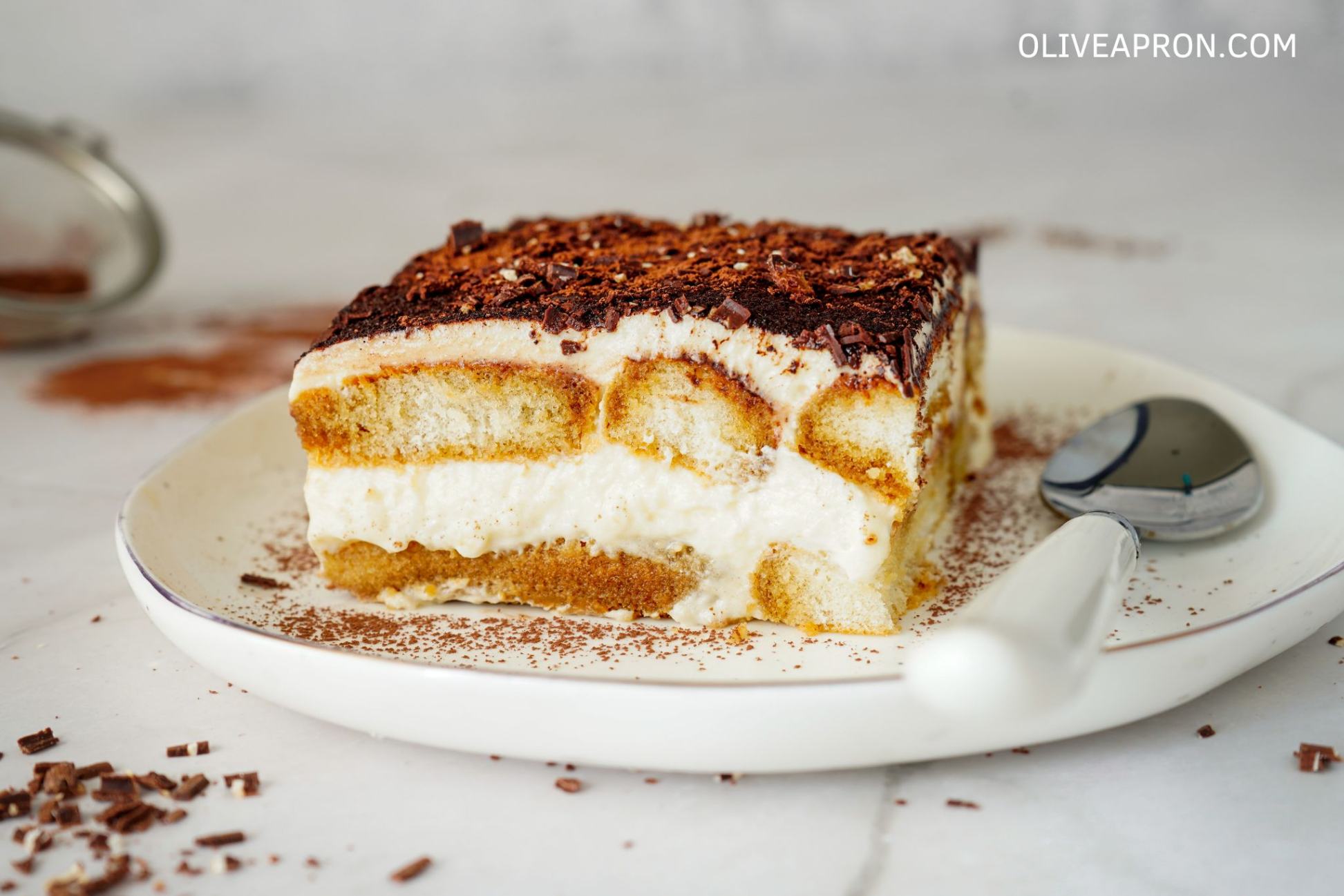 Close up of tiramisu cake slice