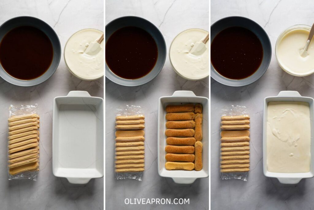 Ladyfingers dipped in espresso and layered with mascarpone cream in a baking dish for homemade tiramisu.
