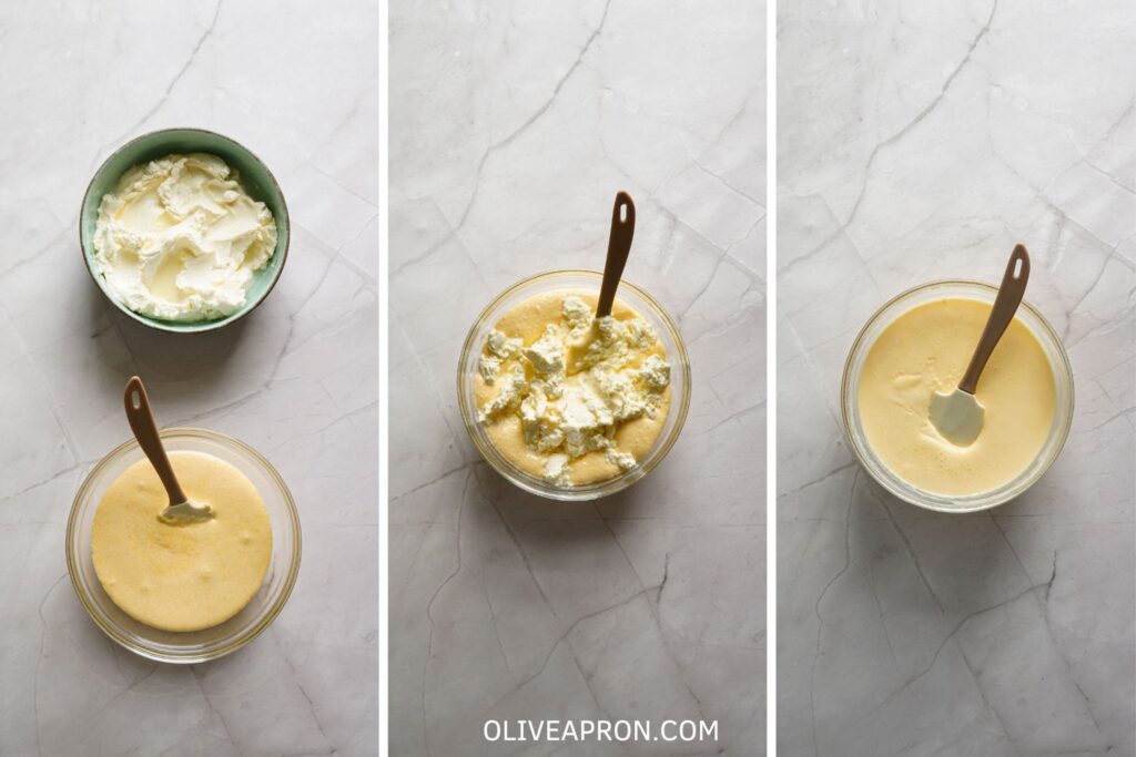 Mascarpone cheese is folded into the cooked egg yolk mixture until smooth and creamy for tiramisu.