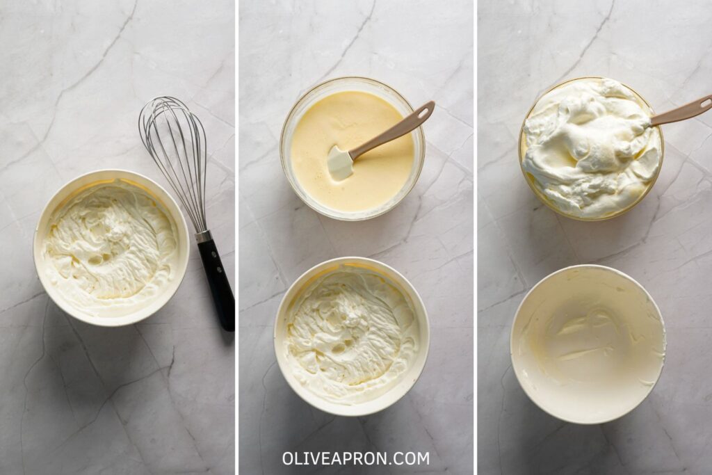 Whipped cream is being folded into the mascarpone mixture to make a creamy homemade tiramisu filling.