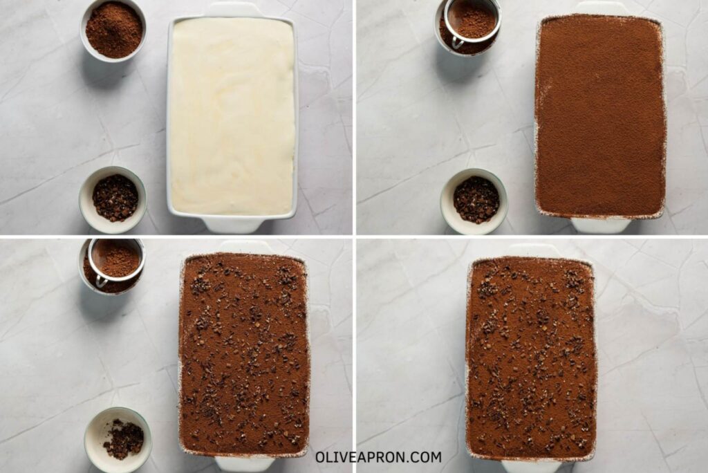 Homemade tiramisu is topped with cocoa powder and chocolate shavings before chilling in the refrigerator.