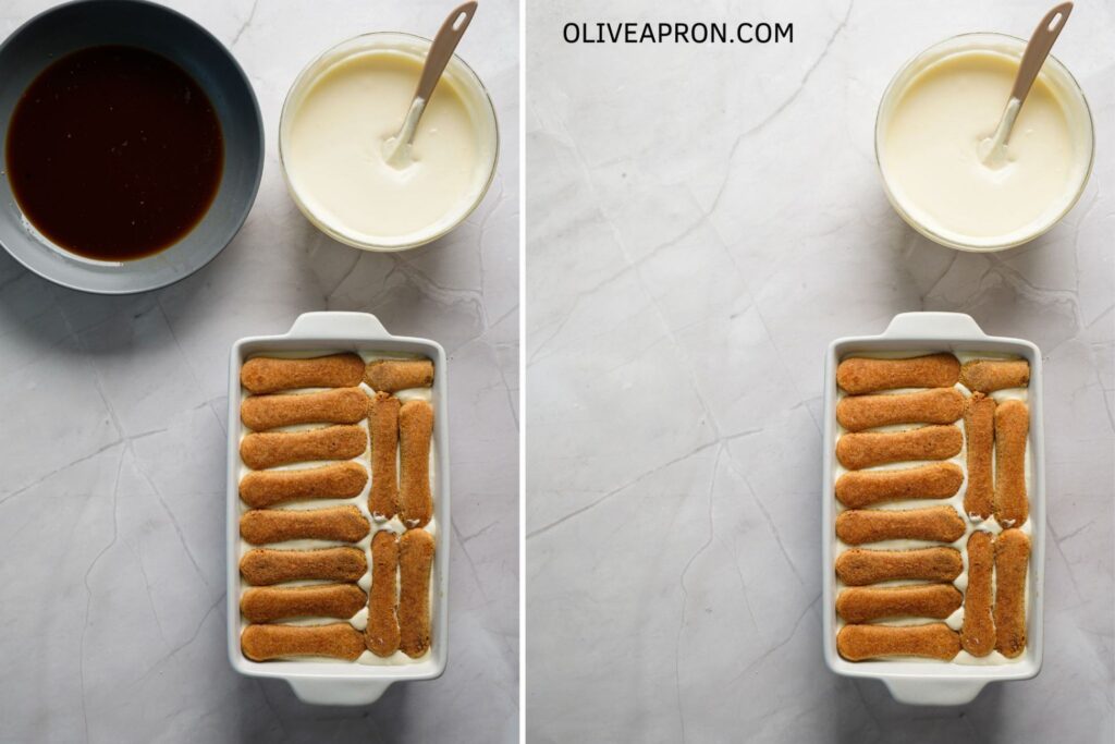 Ladyfingers are layered over the mascarpone mixture, alongside bowls of espresso and tiramisu cream, during assembly.