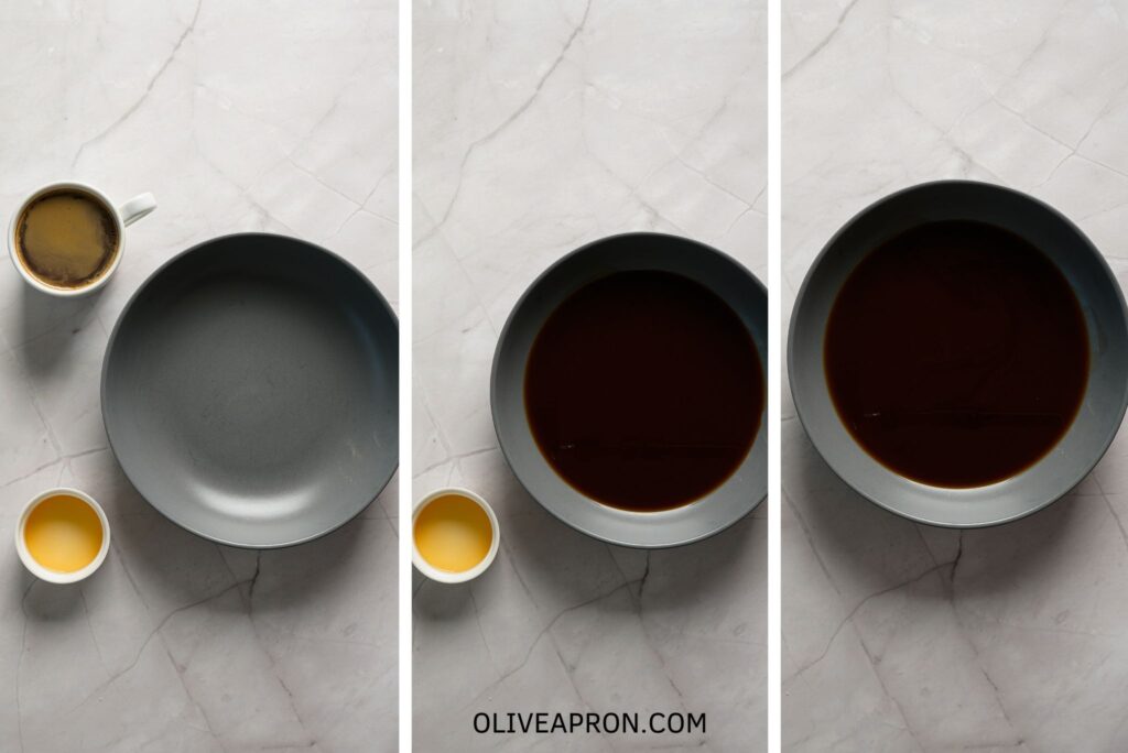 Espresso and rum are mixed in a shallow bowl for dipping ladyfingers in tiramisu.